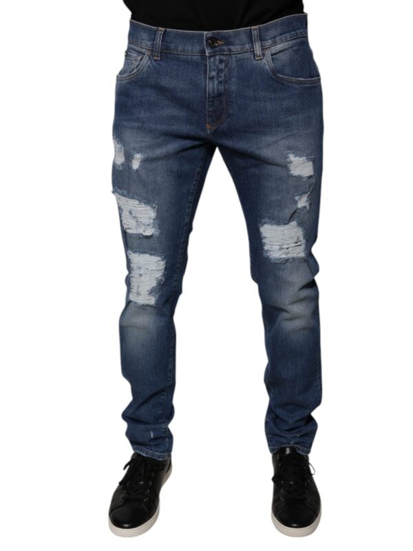 Dolce & Gabbana Blue Cotton Tattered Skinny Denim Jeans