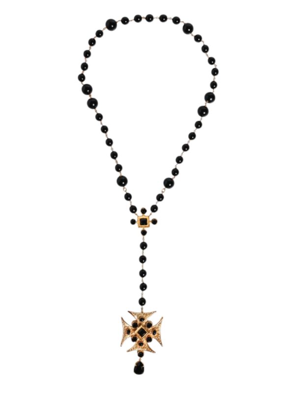 Dolce & Gabbana Gold Tone Brass Cross Black Beaded Chain Rosary Necklace