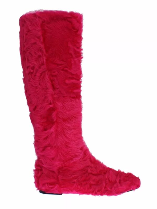 Dolce & Gabbana Pink Lamb Fur Leather Flat Boots Shoes