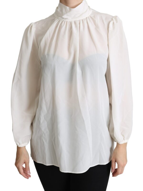 Dolce & Gabbana White Silk Pussy Bow Long Sleeved Top Blouse