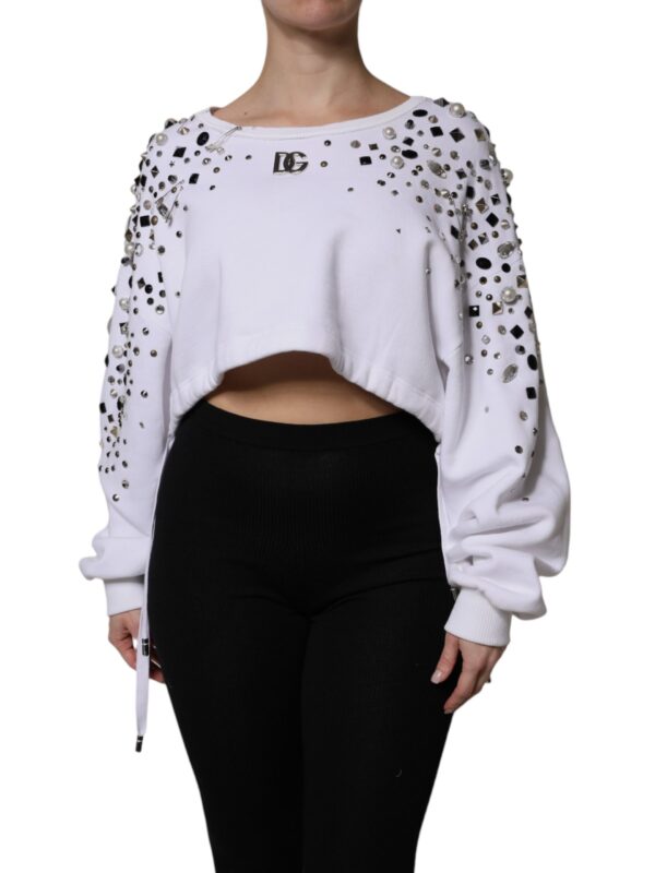 Dolce & Gabbana White Embellished Long Sleeve Cropped Sweater
