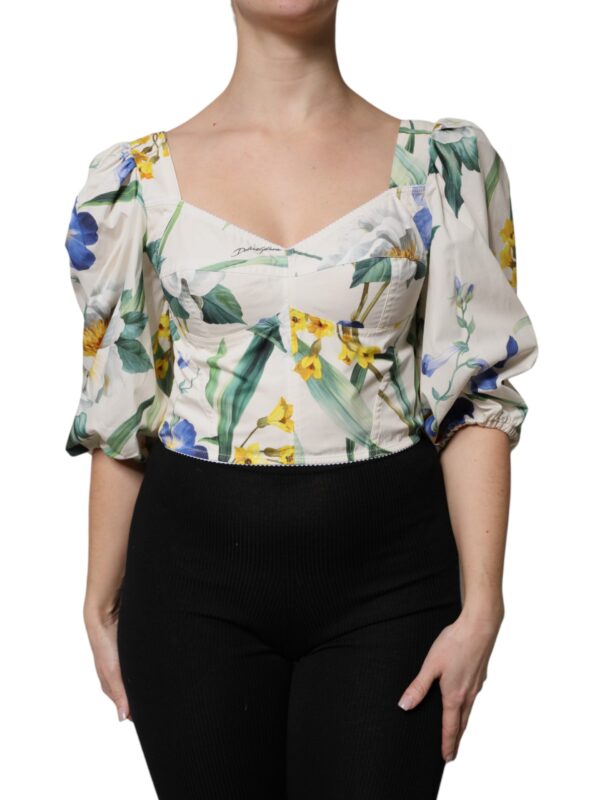 Dolce & Gabbana White Floral Puff Sleeves Crop Blouse Top
