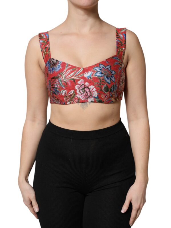 Dolce & Gabbana Red Floral Brocade Cropped Bustier Corset Top