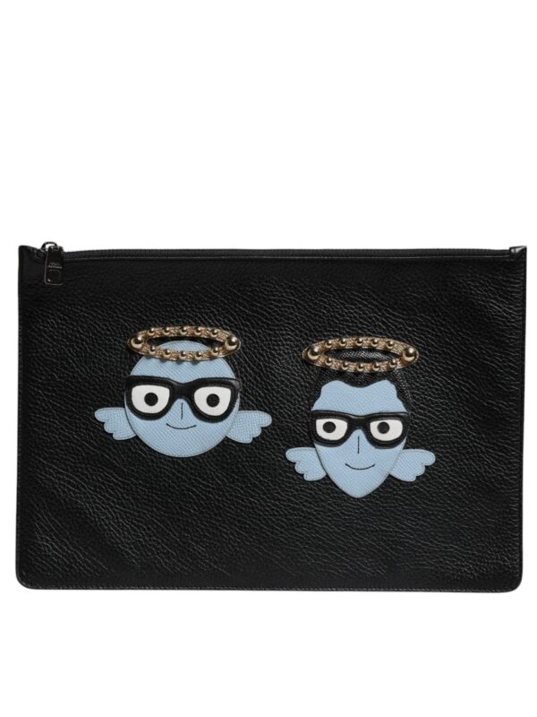 Dolce & Gabbana Black Leather #DGFAMILY Embellished Men Zip Pouch Bag