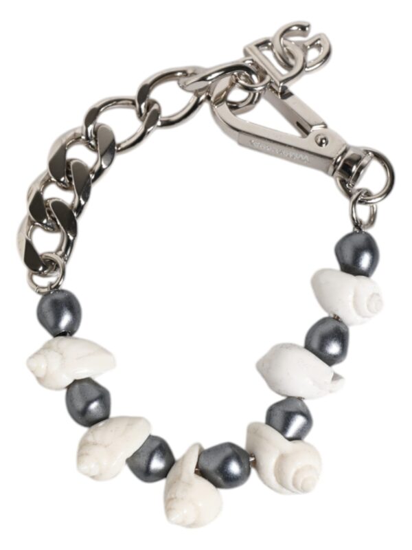 Dolce & Gabbana Silver Tone Brass Beaded Shell DG Logo Pendant Bracelet