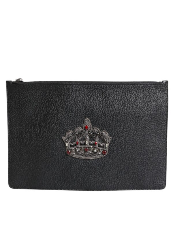 Dolce & Gabbana Black Calfskin Crown Embellished Clutch Pouch Bag