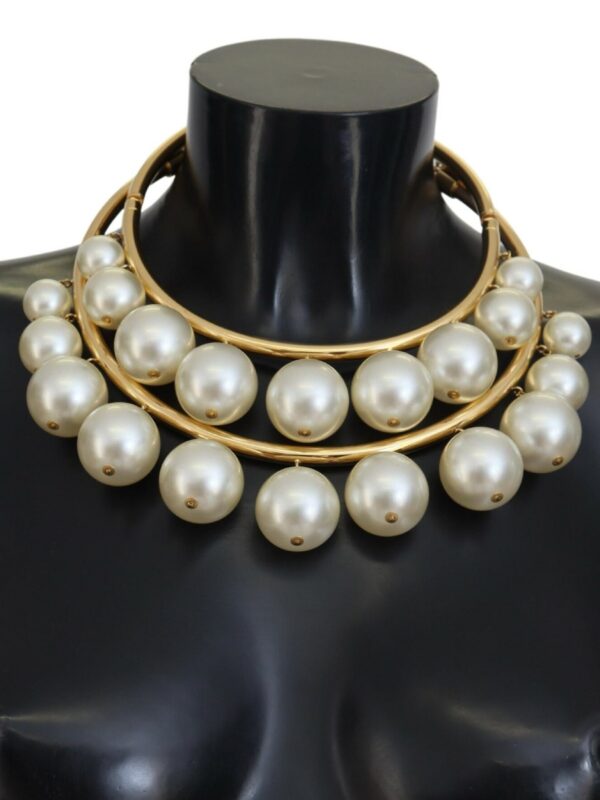 Dolce & Gabbana White Faux Pearl Embellished Brass Choker Necklace