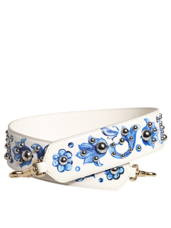 Dolce & Gabbana White Blue Floral Leather Stud Shoulder Strap