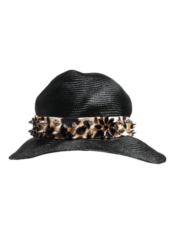 Dolce & Gabbana Black Straw Crystal Embellished Wide Brim Hat