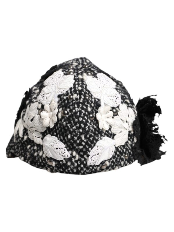 Dolce & Gabbana Black Wool White Floral Embellished Cloche Hat