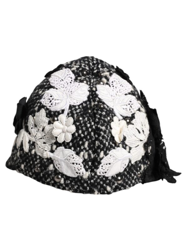 Dolce & Gabbana Black Wool White Floral Embellished Cloche Hat