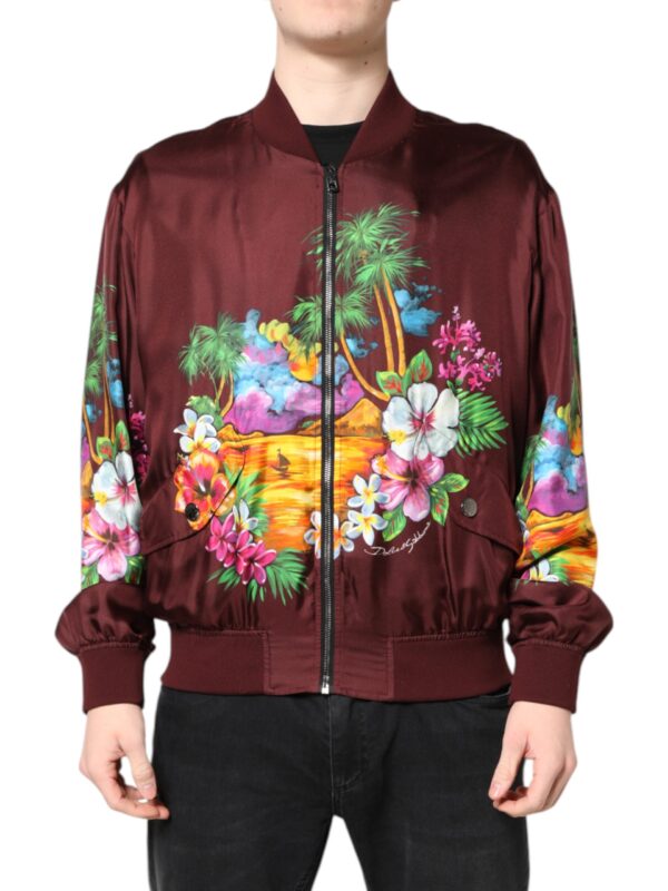Dolce & Gabbana Maroon Floral Print Full Zip Bomber Jacket