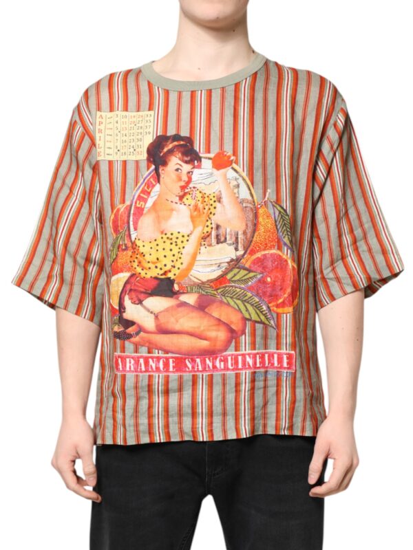 Dolce & Gabbana Multicolor Striped Graphic Linen Round Neck T-shirt
