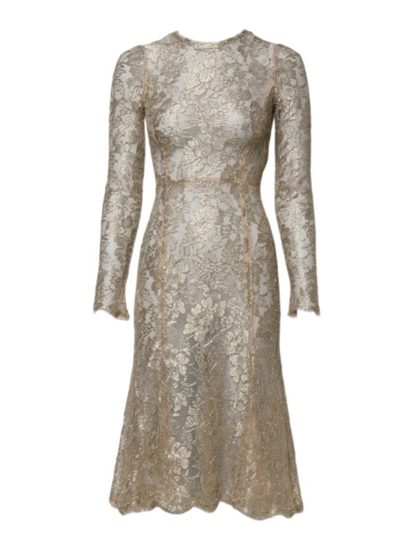 Dolce & Gabbana Gold Floral Lace Long Sleeves Fit & Flare Dress