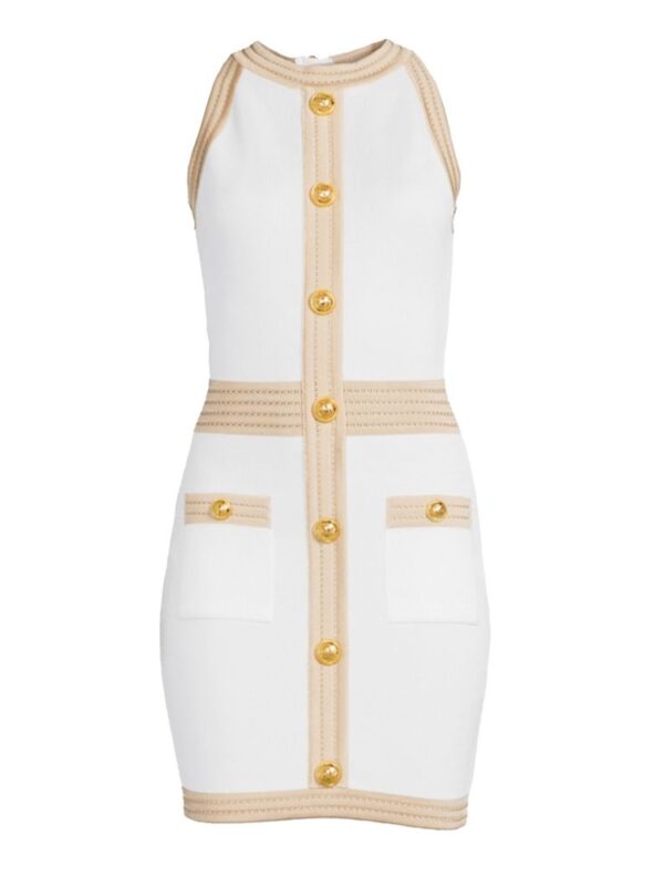 Balmain White Viscose Women Dress with Faux Gold Buttons