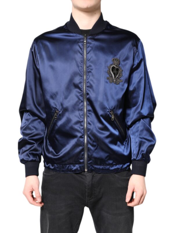 Dolce & Gabbana Blue Nylon DG Crown Full Zip Bomber Jacket