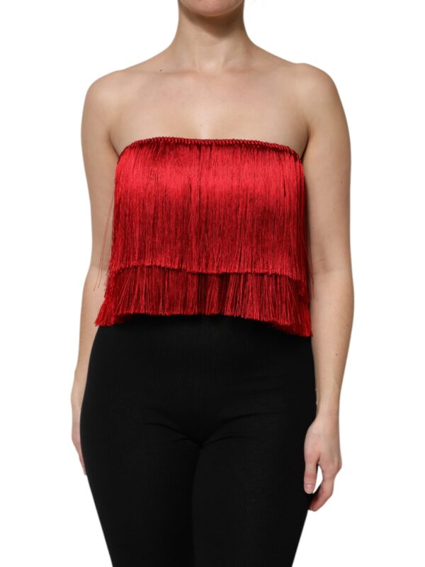Dolce & Gabbana Red Silk Strapless Fringe Crop Tube Top