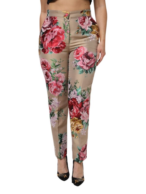 Dolce & Gabbana Beige Floral Print Women High Waist Pants