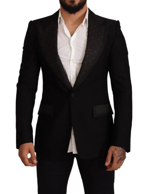 Stylish men's black blazer with embellished lapels, tailored fit, and modern design, perfect for formal events or stylish outings.