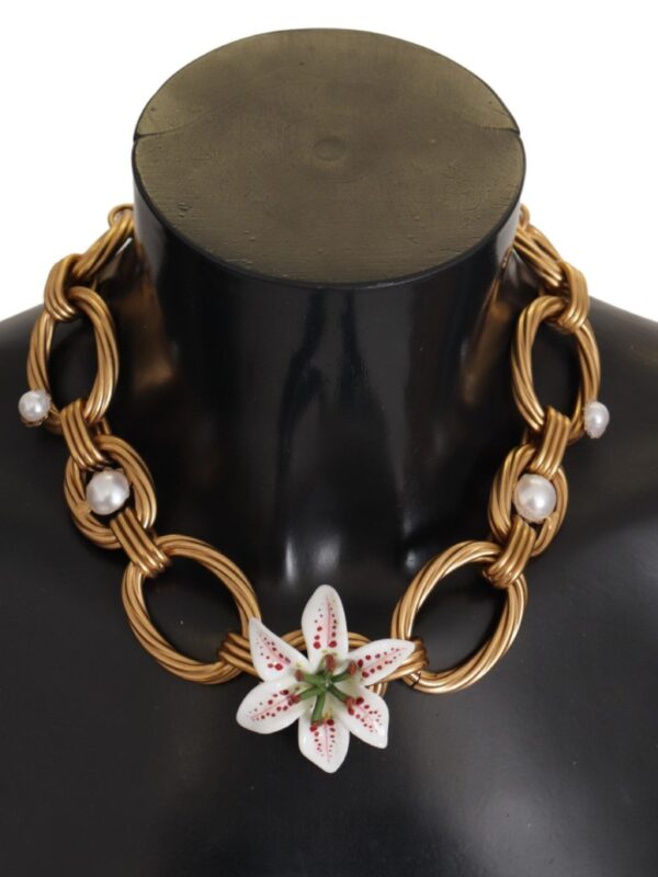 Dolce & Gabbana Gold White Lily Floral Chain Statement Necklace
