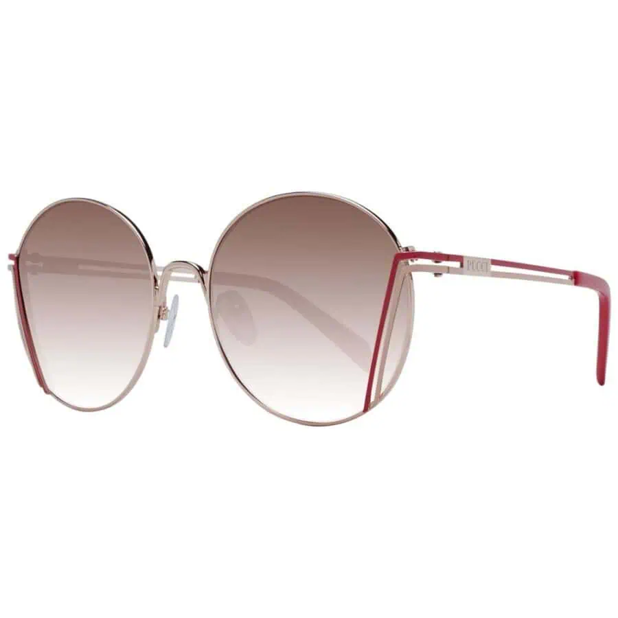 Round pink gradient sunglasses with metal frame and thin temples featuring "PUCCI" logo detail, stylish and perfect for sun protection.