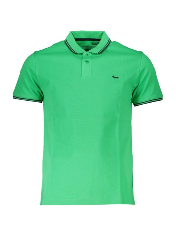 Green men's polo shirt with black accents, short sleeves, and a small-logo detail. Perfect for casual or sporty looks, combining comfort and style.