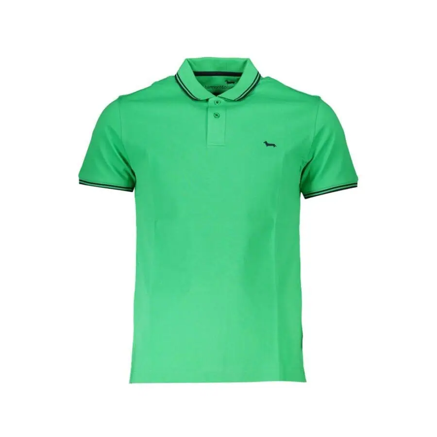 Green men's polo shirt with black accents, short sleeves, and a small-logo detail. Perfect for casual or sporty looks, combining comfort and style.