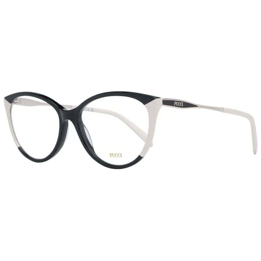 Black and white PUCCI designer eyeglasses with bold round frames and stylish two-tone color accents.