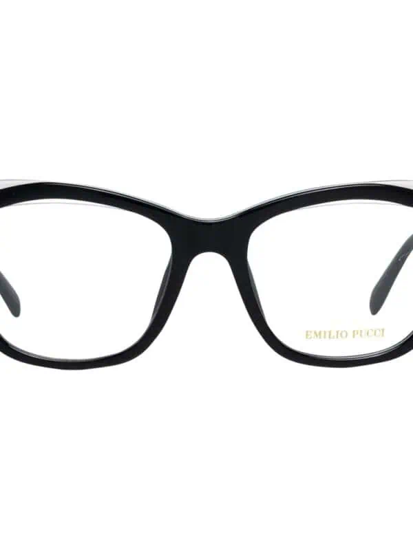 Emilio pucci black plastic eyeglasses with clear lenses and gold logo detail on one arm.