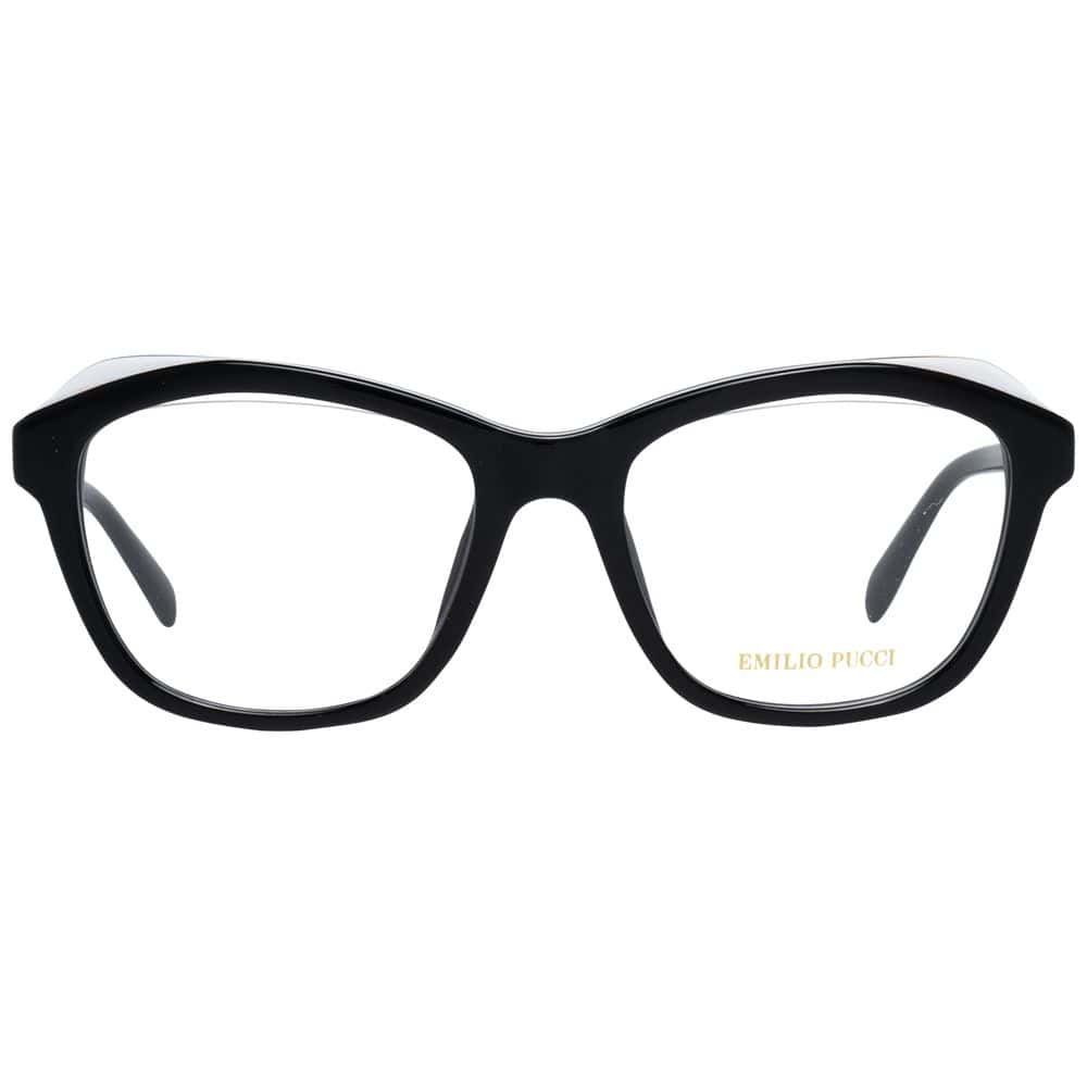Emilio pucci black plastic eyeglasses with clear lenses and gold logo detail on one arm.