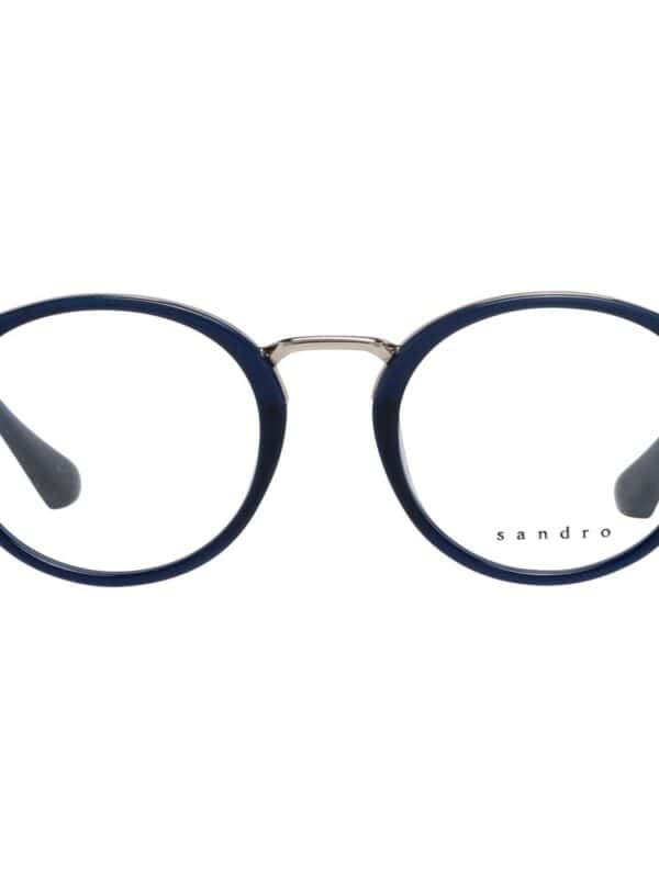 Sandro round eyeglasses with dark blue acetate frame and silver metal bridge and temples.