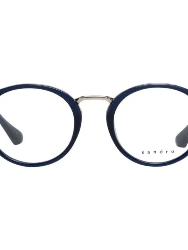 Sandro round eyeglasses with dark blue acetate frame and silver metal bridge and temples.
