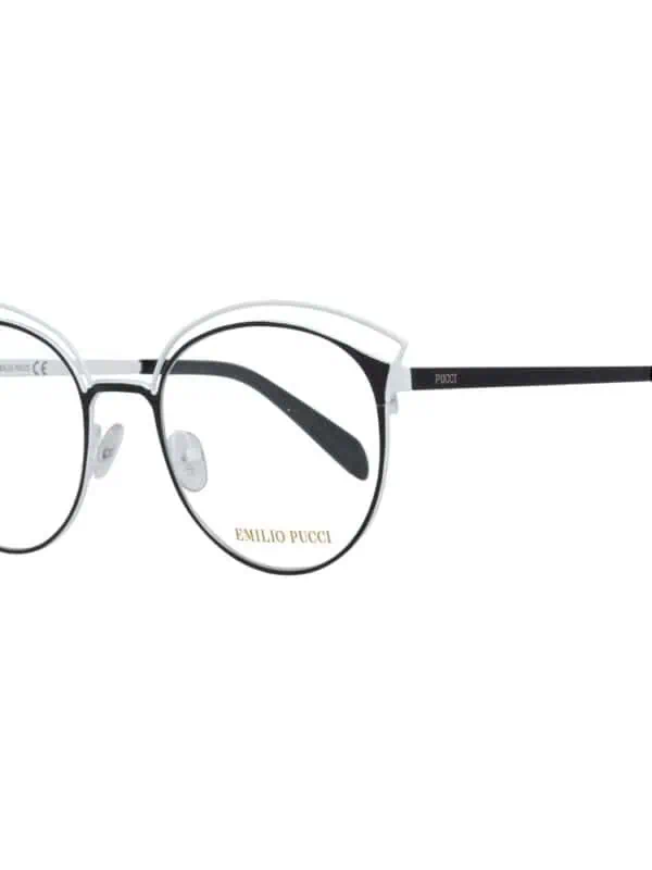 Round designer eyeglasses with clear and black frames by Emilio Pucci, featuring a chic, modern style. Perfect for fashion-forward individuals seeking luxury eyewear.