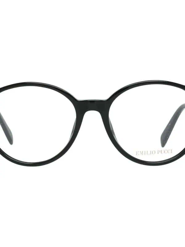 Black round Emilio Pucci eyeglasses with thin frame and subtle logo detail for a stylish, sophisticated look. Perfect for daily wear or adding a touch of luxury to your accessory collection.