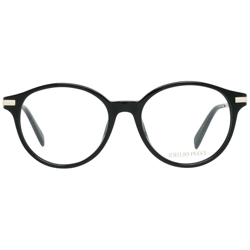Black round Emilio Pucci eyeglasses with thin frame and subtle logo detail for a stylish, sophisticated look. Perfect for daily wear or adding a touch of luxury to your accessory collection.