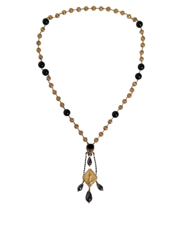 Dolce & Gabbana Gold Chain Brass Black Beaded Rosary Style Necklace