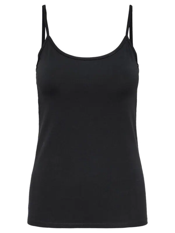 Black slimming tank top with spaghetti straps, perfect for casual or athletic wear. Made from comfortable, stretchable fabric for a sleek fit. Stylish and versatile for everyday outfits.