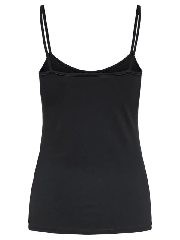 Black fitted camisole top with double thin straps, ideal for casual or layered fashion looks. Perfect for lounge, layering or stylish everyday wear, made from comfortable, high-quality fabric.