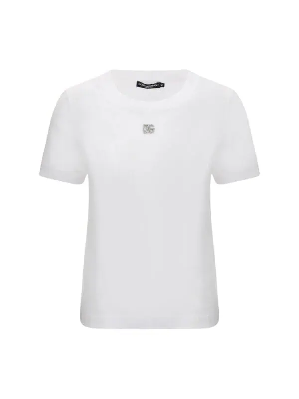Dolce & Gabbana white t-shirt with a small logo embellishment on the chest, made from premium fabric for a luxurious everyday look.
