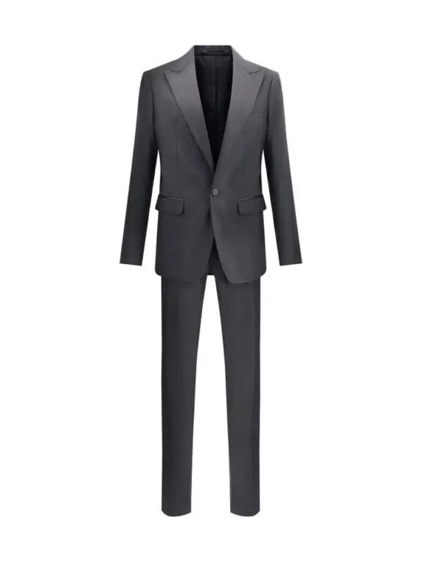 Dark gray tailored suit for men with a classic fit, perfect for business or formal occasions, featuring a sleek design with a single-breasted blazer and matching trousers.