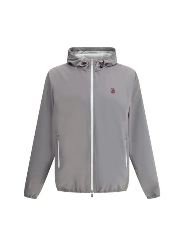 Light gray men's waterproof windbreaker jacket with a hood, full zip closure, and side pockets, perfect for outdoor activities and casual wear.