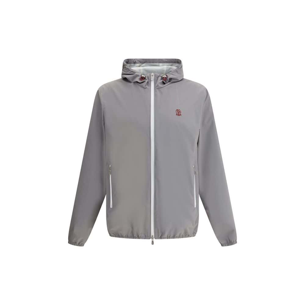 Light gray men's waterproof windbreaker jacket with a hood, full zip closure, and side pockets, perfect for outdoor activities and casual wear.