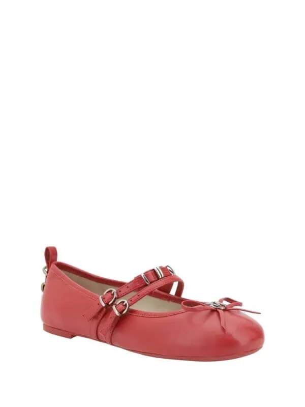 Red ballet flat shoe with ankle strap and bow detail, perfect for stylish everyday wear, made from premium leather for comfort and durability.
