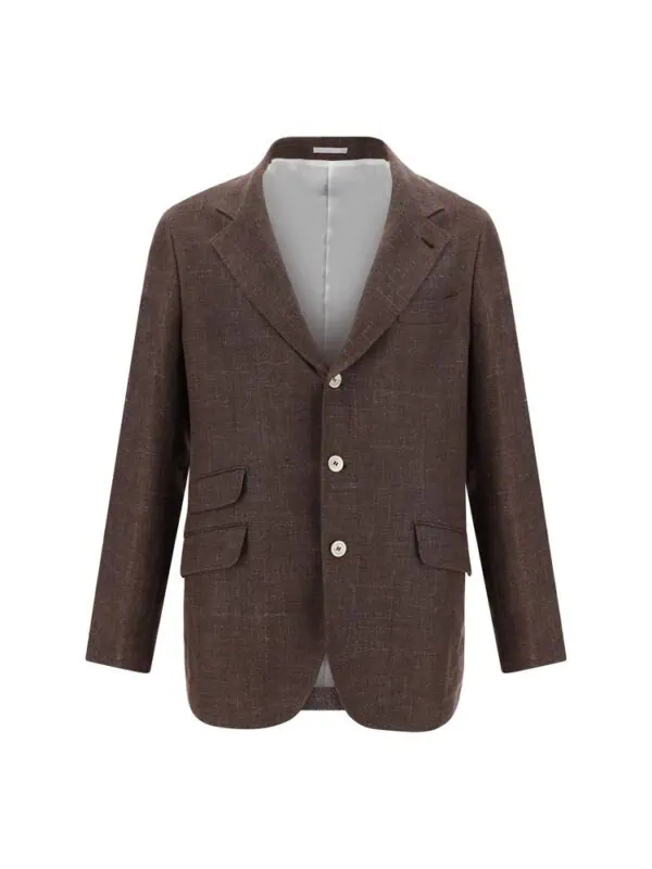 Men's brown tailored blazer with notch lapels and button closure, perfect for formal or business occasions. Crafted with high-quality fabric for a sophisticated look.