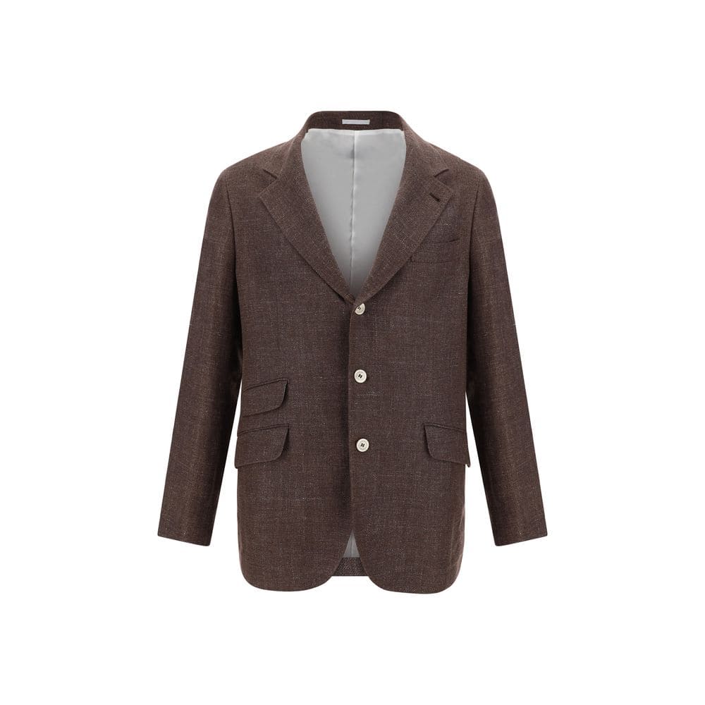 Men's brown tailored blazer with notch lapels and button closure, perfect for formal or business occasions. Crafted with high-quality fabric for a sophisticated look.