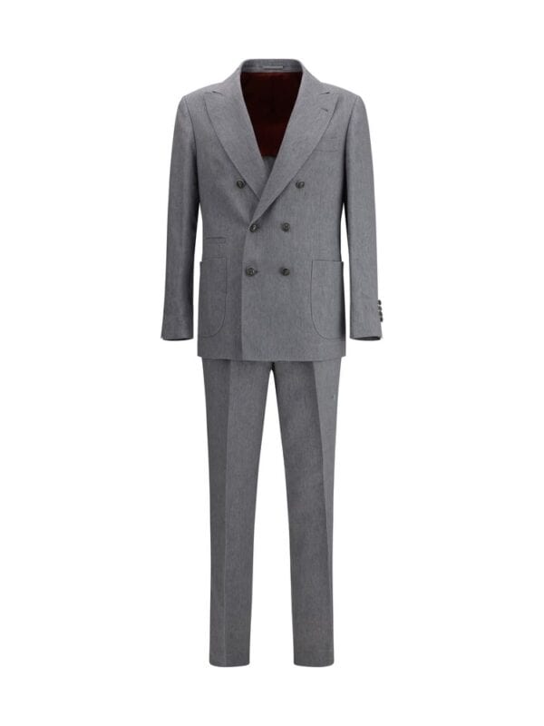 Double-breasted gray suit for men, tailored with classic lapels, four-button closure, and matching trousers, perfect for business or formal events.