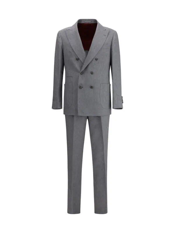 Double-breasted gray suit for men, tailored with classic lapels, four-button closure, and matching trousers, perfect for business or formal events.