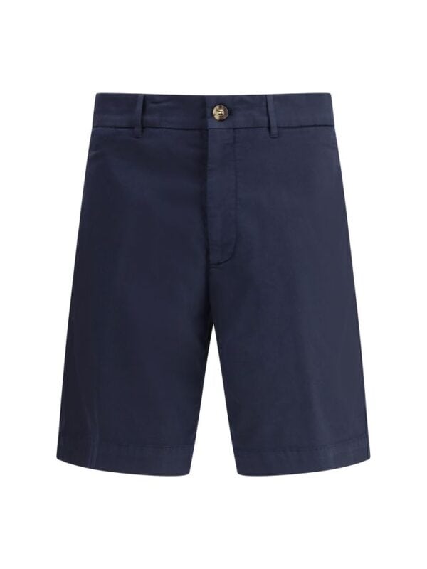 Navy blue men's casual shorts with belt loops, button closure, and tailored design, perfect for summer wear and versatile styling.