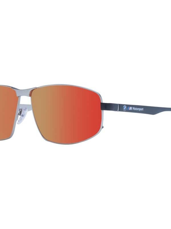 Mirrored sports sunglasses with BMW Motorsport branding, black frame, and orange-to-gold reflective lenses for style and UV protection. Perfect for activewear and driving.