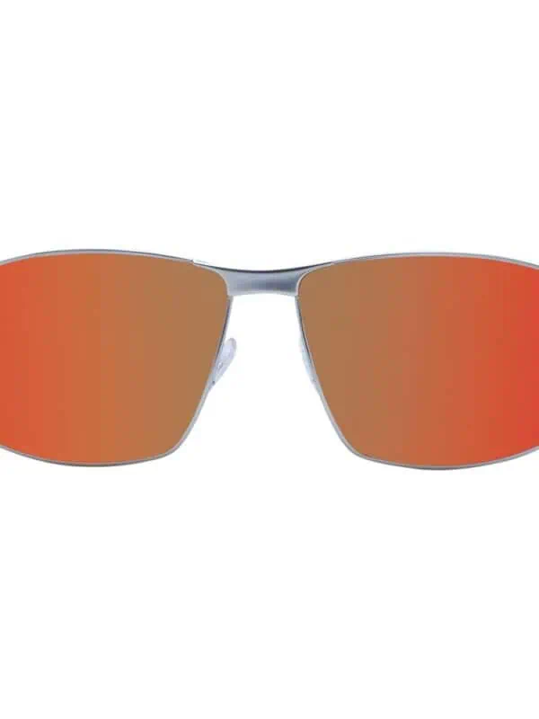 Mirrored sports sunglasses with orange-tinted lenses and a sleek silver frame for UV protection and style. Perfect for outdoor activities and fashionable sunwear.
